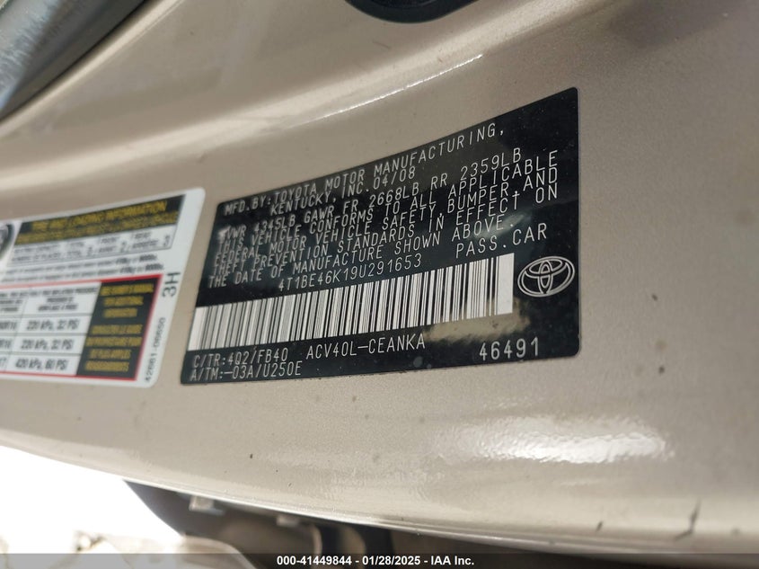 2009 TOYOTA CAMRY VIN: 4T1BE46K19U291653