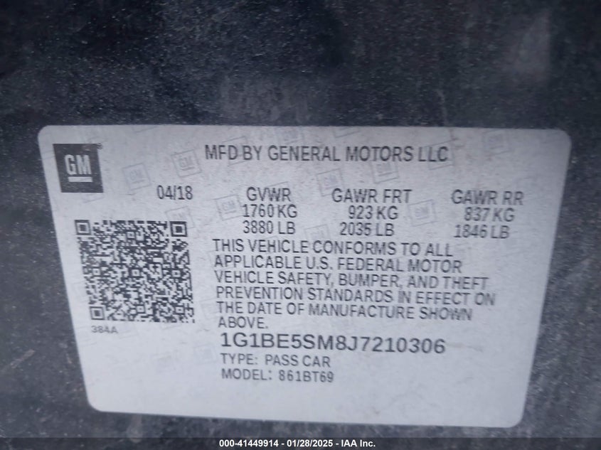 2018 CHEVROLET CRUZE VIN: 1G1BE5SM8J7210306