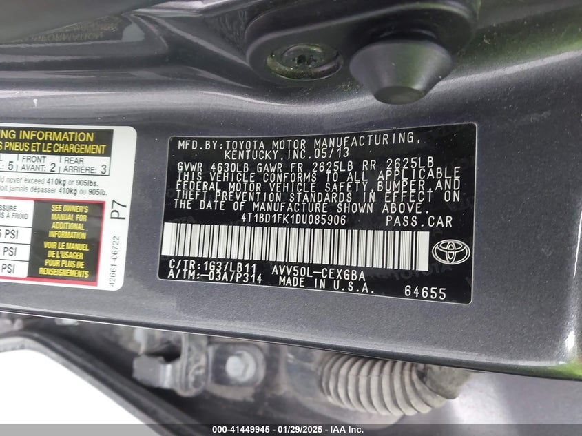 2013 TOYOTA CAMRY VIN: 4T1BD1FK1DU085906