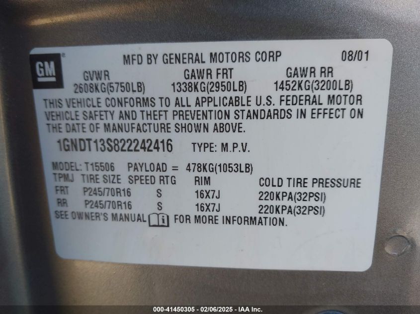 2002 Chevrolet Trailblazer Lt VIN: 1GNDT13S822242416 Lot: 41450305