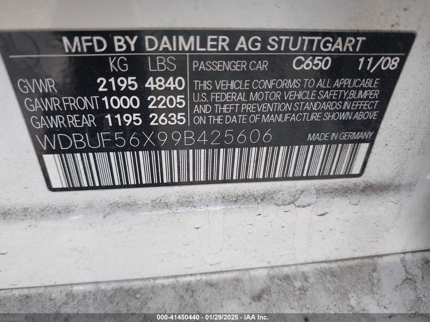 2009 MERCEDES-BENZ E VIN: WDBUF56X99B425606