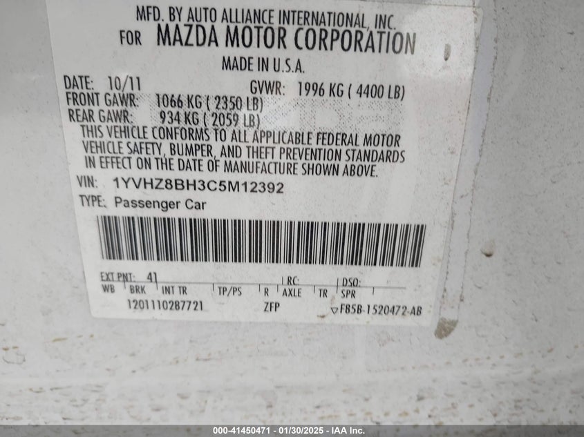 2012 MAZDA 6 VIN: 1YVHZ8BH3C5M12392