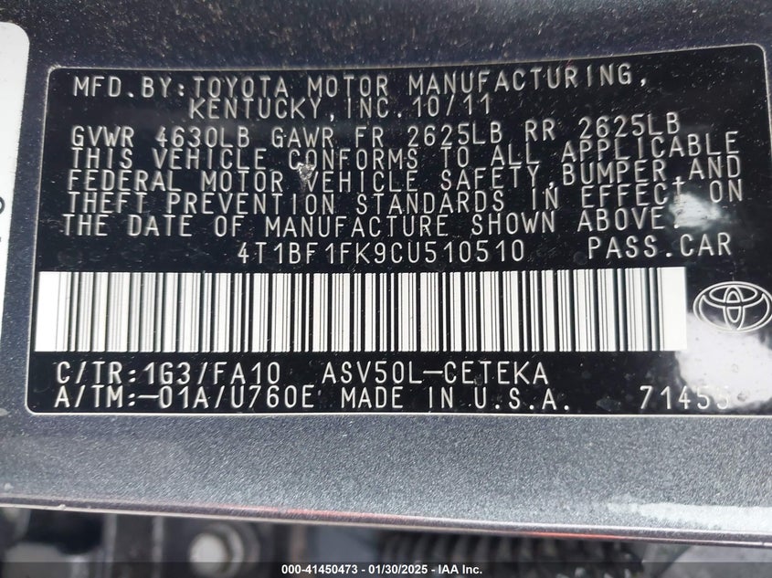 2012 TOYOTA CAMRY VIN: 4T1BF1FK9CU510510