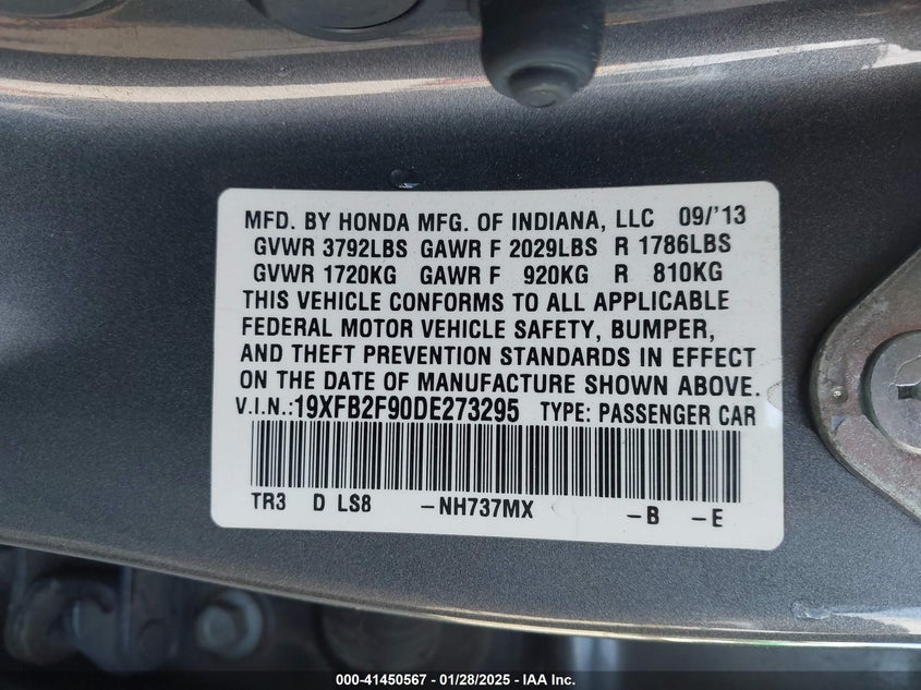 2013 HONDA CIVIC VIN: 19XFB2F90DE273295