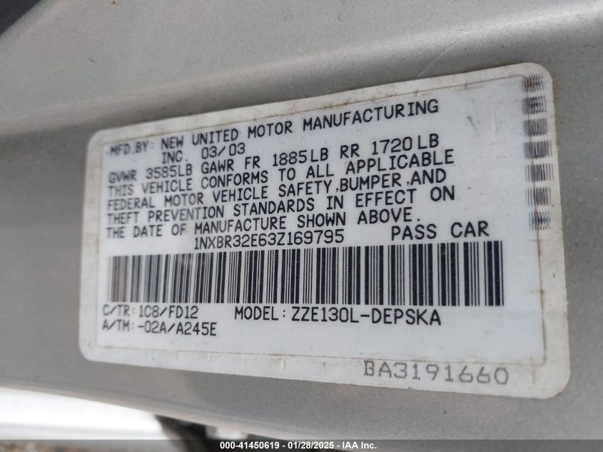 2003 Toyota Corolla Ce/Le/S VIN: 1NXBR38E63ZZ16979 Lot: 41450619