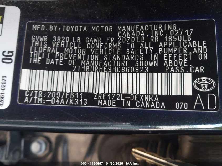 2017 Toyota Corolla Le VIN: 2T1BURHE9HC860823 Lot: 41450657