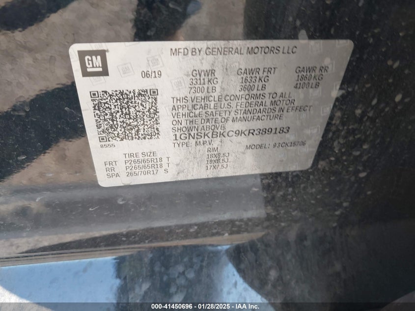 2019 CHEVROLET TAHOE LT - 1GNSKBKC9KR389183