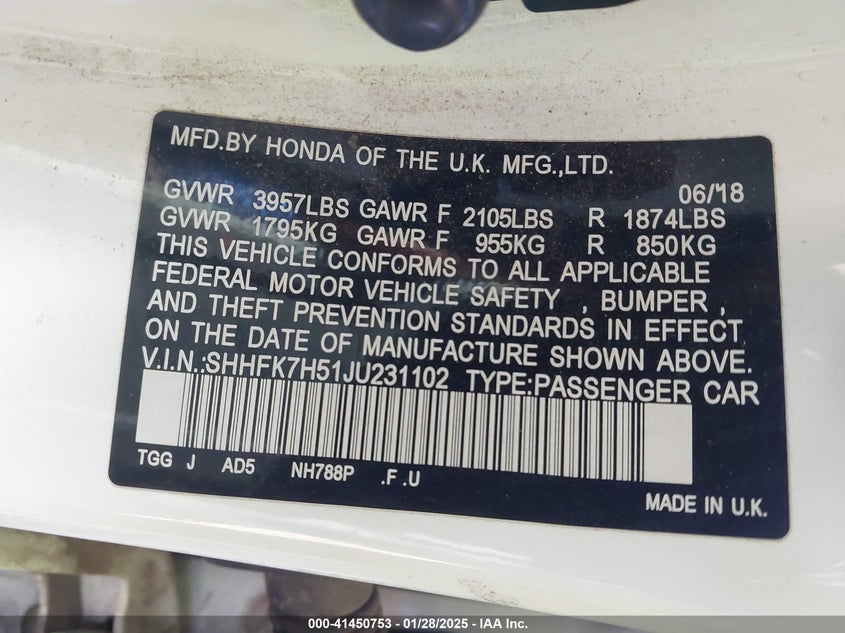 2018 HONDA CIVIC VIN: SHHFK7H51JU231102