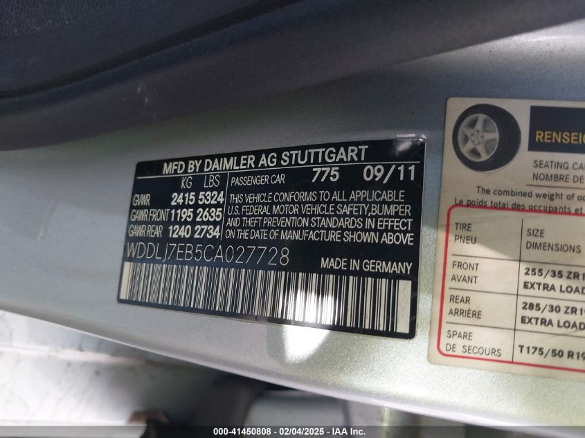 2012 Mercedes-Benz Cls 63 Amg VIN: WDDLJ7EB5CA027728 Lot: 41450808