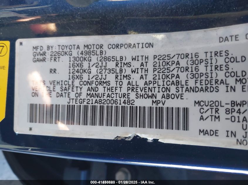 2002 Toyota Highlander Limited VIN: JTEGF21AB20061482 Lot: 41450883