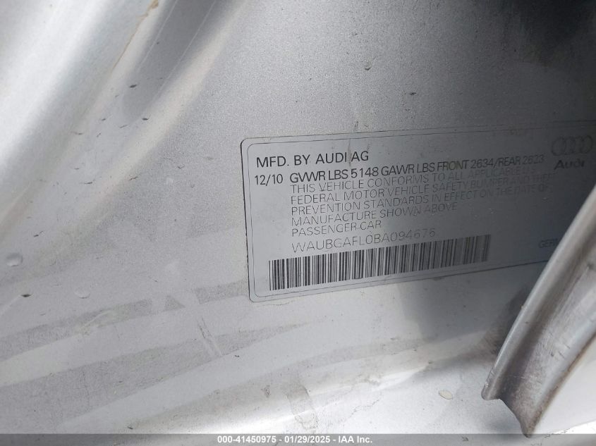 2011 Audi S4 3.0 Premium Plus VIN: WAUBGAFL0BA094676 Lot: 41450975