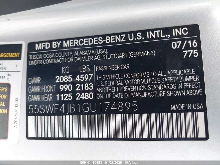 2016 Mercedes-Benz C 300 Luxury/Sport VIN: 55SWF4JB1GU174895 Lot: 41450993