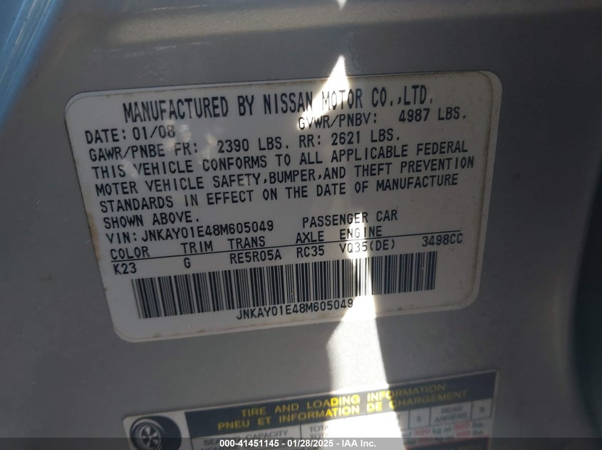 2008 INFINITI M35 VIN: JNKAY01E48M605049