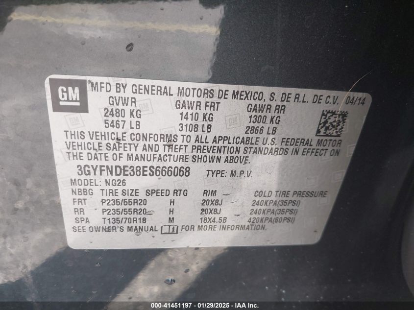 2014 Cadillac Srx Premium Collection VIN: 3GYFNDE38ES666068 Lot: 41451197