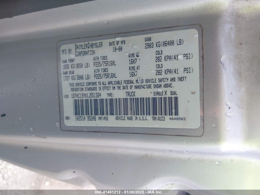 2001 Dodge Ram 1500 St VIN: 1B7HC13YX1J551324 Lot: 41451212