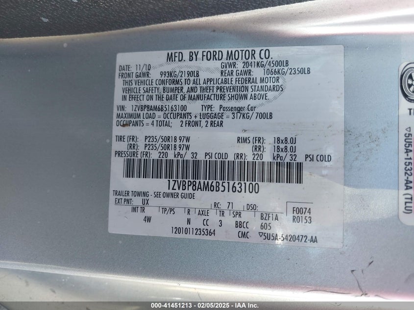 2011 FORD MUSTANG VIN: 1ZVBP8AM6B5163100
