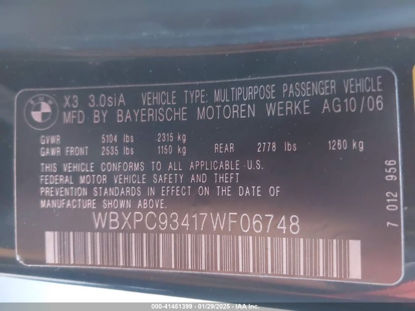 2007 BMW X3 3.0Si VIN: WBXPC93417WF06748 Lot: 41451399