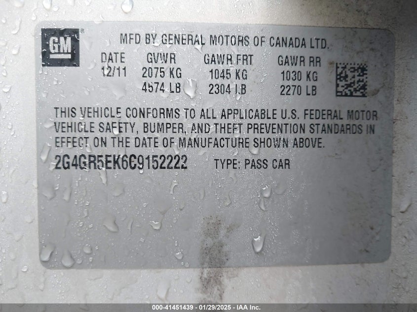 2012 BUICK REGAL VIN: 2G4GR5EK6C9152222
