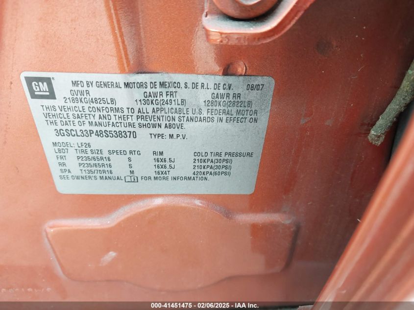 2008 Saturn Vue Xe VIN: 3GSCL33P48S538370 Lot: 41451475