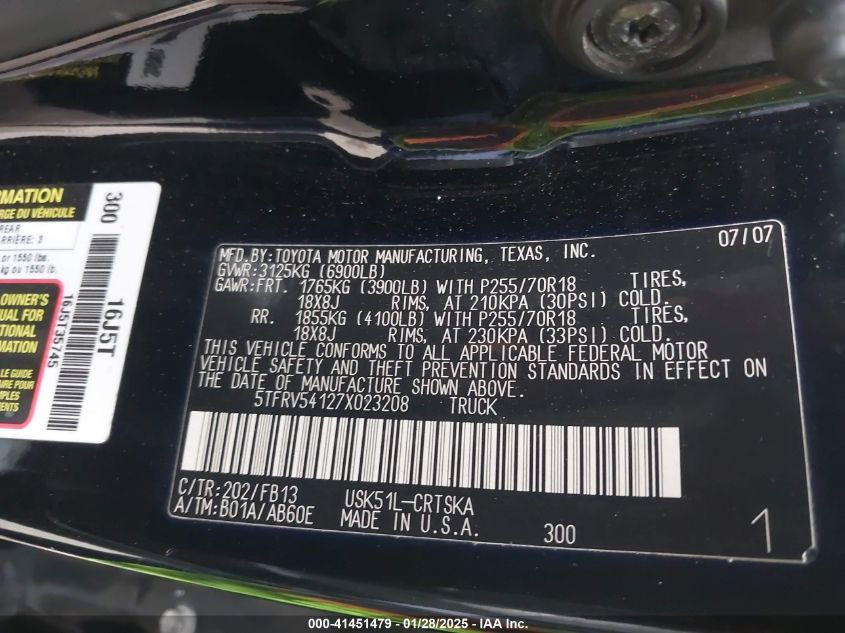 2007 Toyota Tundra Sr5 V8 VIN: 5TFRV54127X023208 Lot: 41451479