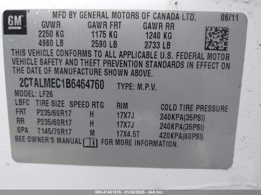 2011 GMC Terrain Sle-1 VIN: 2CTALMEC1B6464760 Lot: 41451576