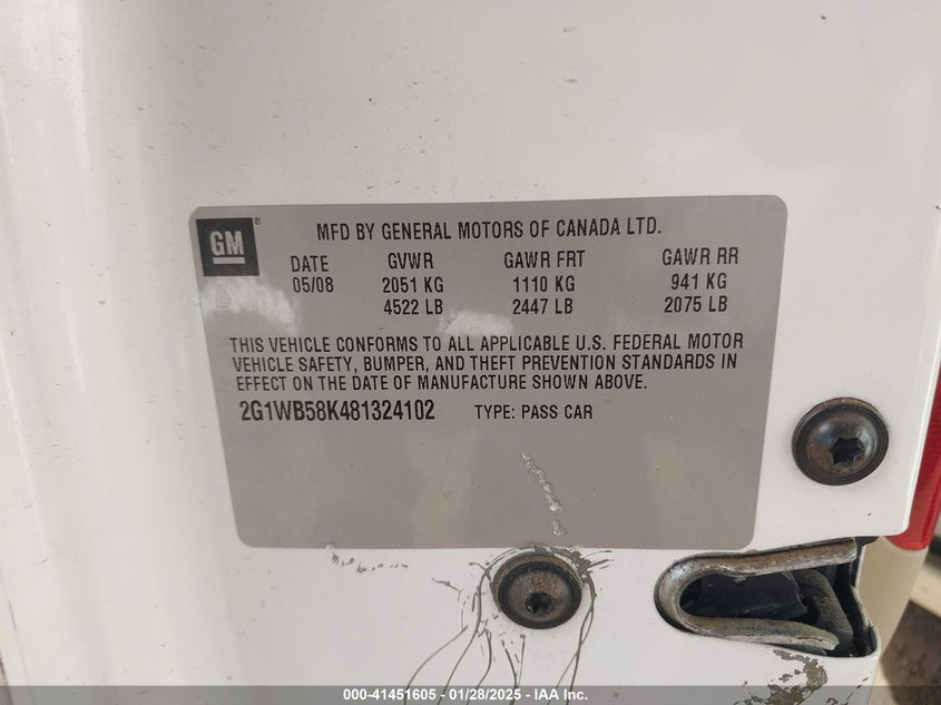 2008 Chevrolet Impala Ls VIN: 2G1WB58K481324102 Lot: 41451605