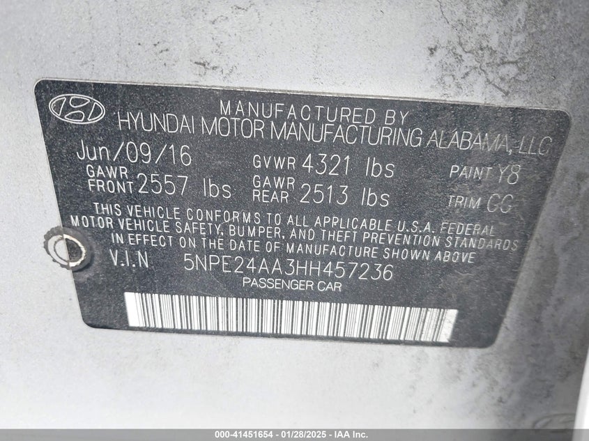 2017 HYUNDAI SONATA VIN: 5NPE24AA3HH457236