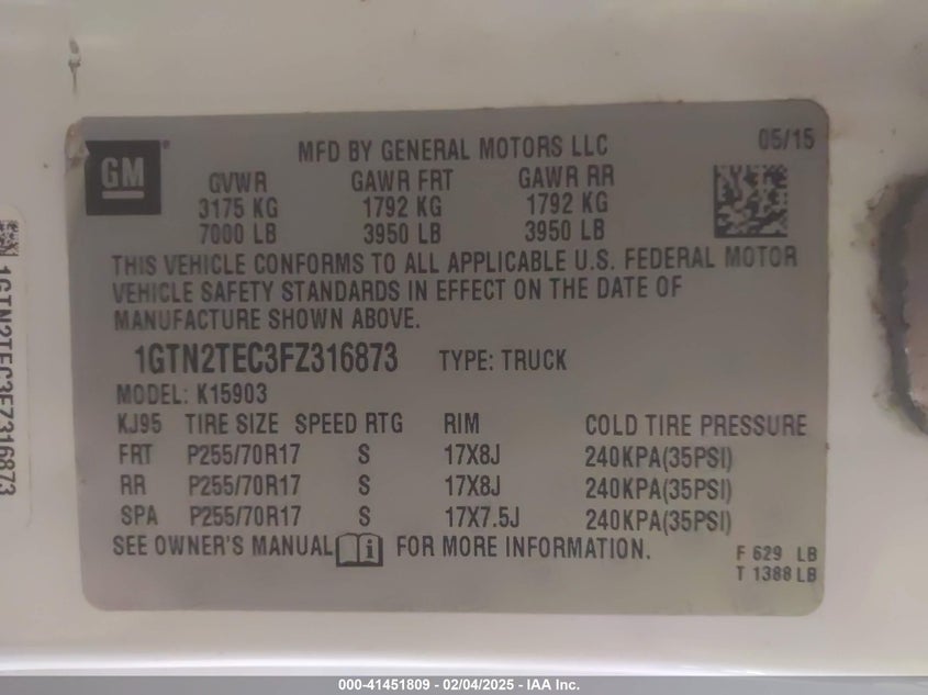 2015 GMC SIERRA 1500 VIN: 1GTN2TEC3FZ316873