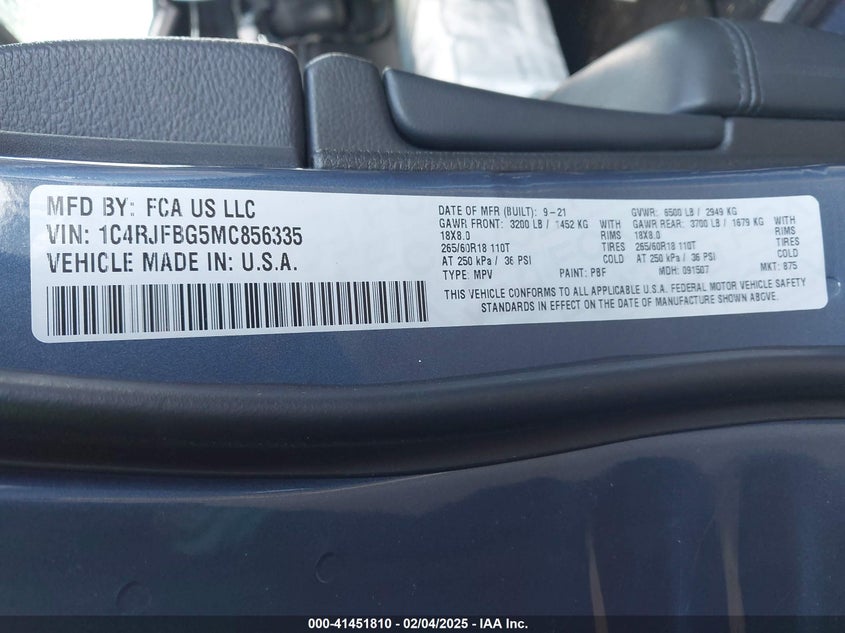 2021 JEEP GRAND CHEROKEE VIN: 1C4RJFBG5MC856335