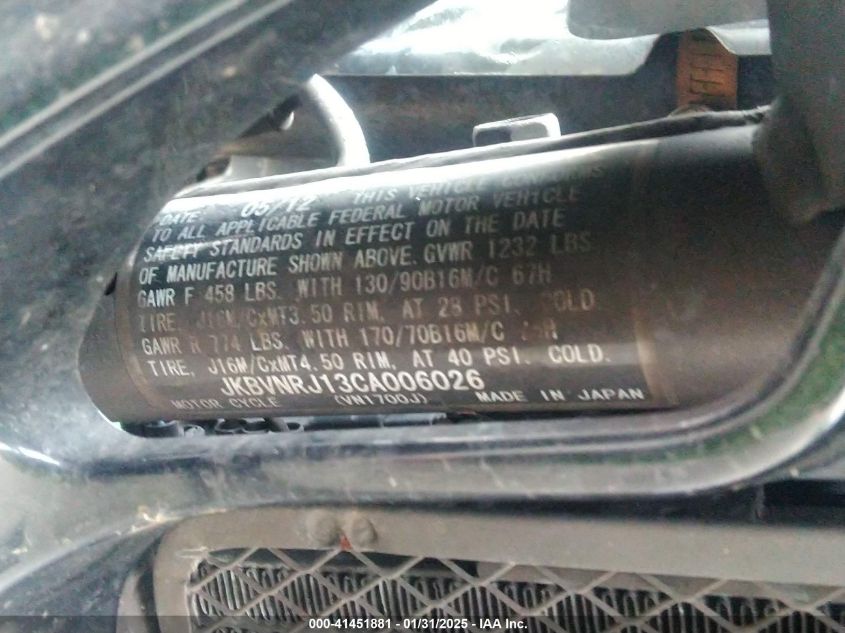 2012 Kawasaki Vn1700 J VIN: JKBVNRJ13CA006026 Lot: 41451881