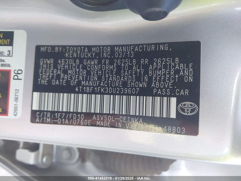 2013 TOYOTA CAMRY VIN: 4T1BF1FK3DU239607