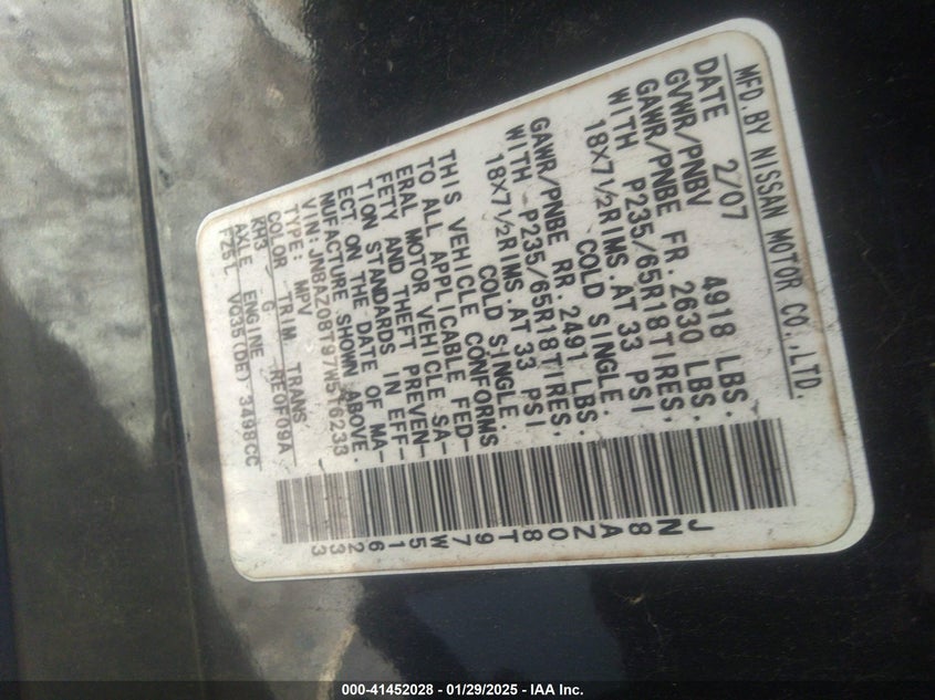 2007 Nissan Murano Sl VIN: JN8AZ08T97W516233 Lot: 41452028