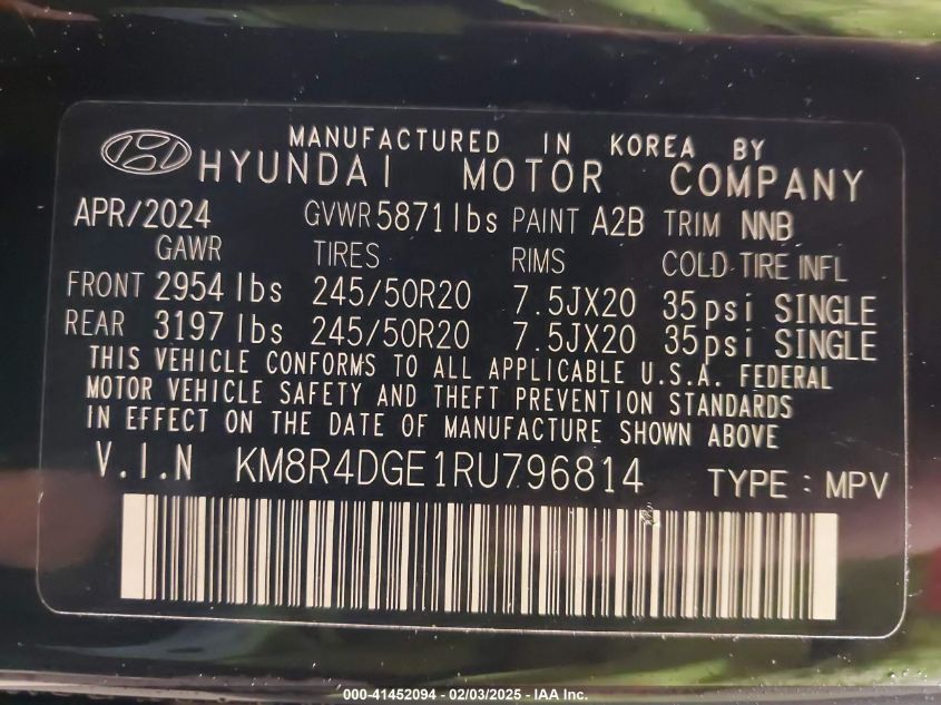 2024 Hyundai Palisade Sel VIN: KM8R4DGE1RU796814 Lot: 41452094