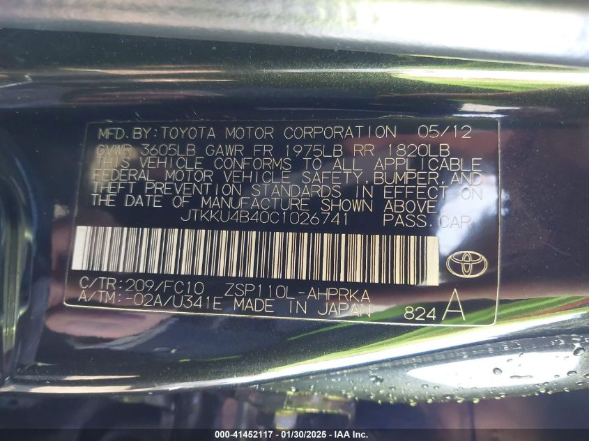 2012 Scion Xd VIN: JTKKU4B40C1026741 Lot: 41452117