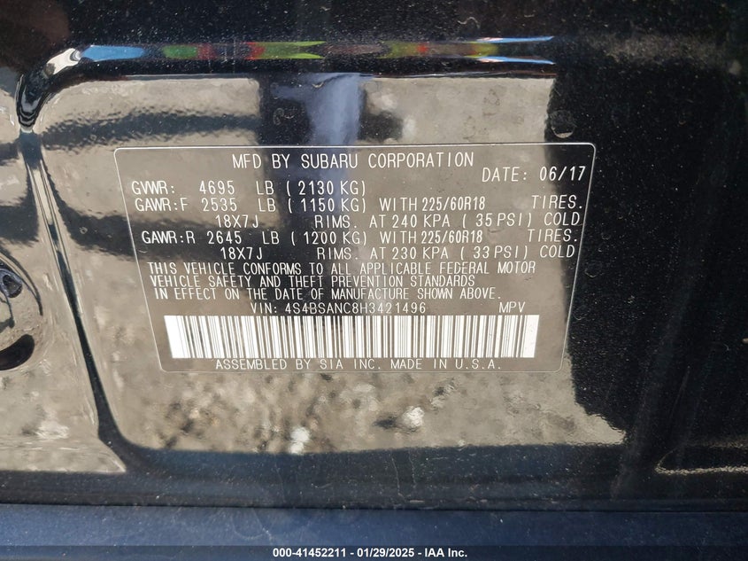 2017 SUBARU OUTBACK 2.5I LIMITED - 4S4BSANC8H3421496