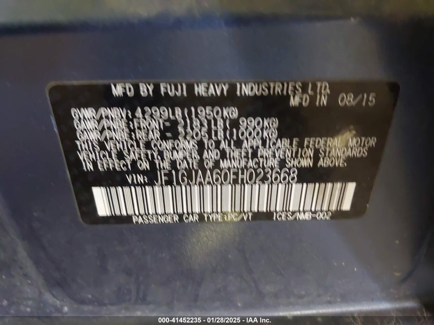 2015 SUBARU IMPREZA VIN: JF1GJAA60FH023668