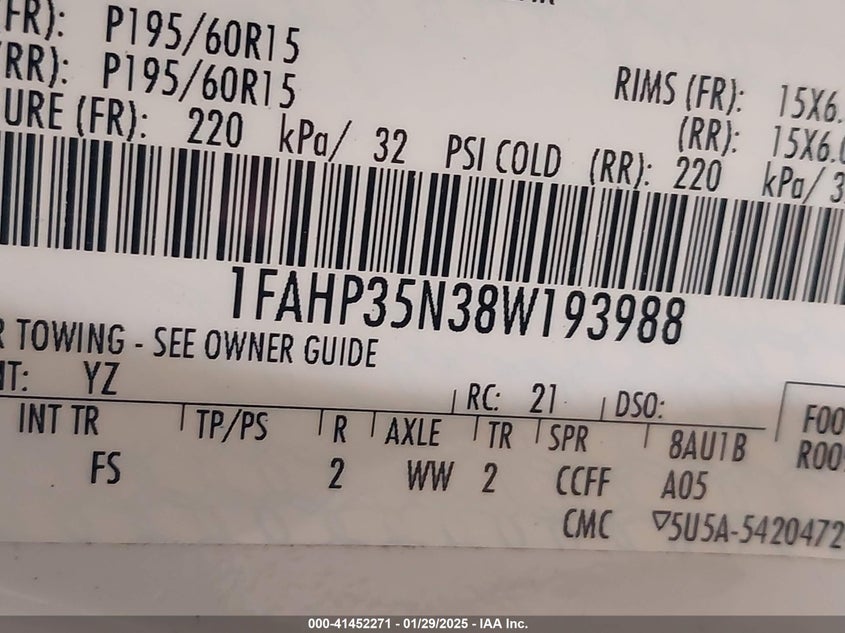 2008 FORD FOCUS VIN: 1FAHP35N38W193988