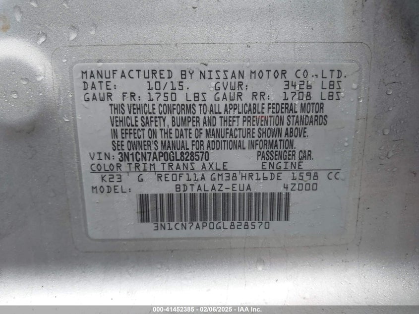 2016 NISSAN VERSA 1.6 S+ - 3N1CN7AP0GL828570