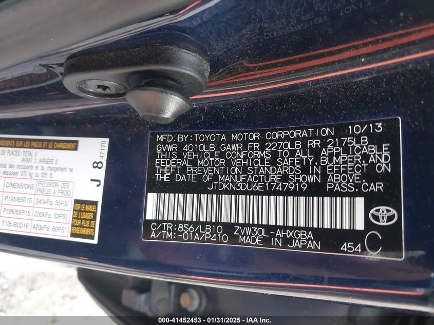 2014 TOYOTA PRIUS VIN: JTDKN3DU6E1747919