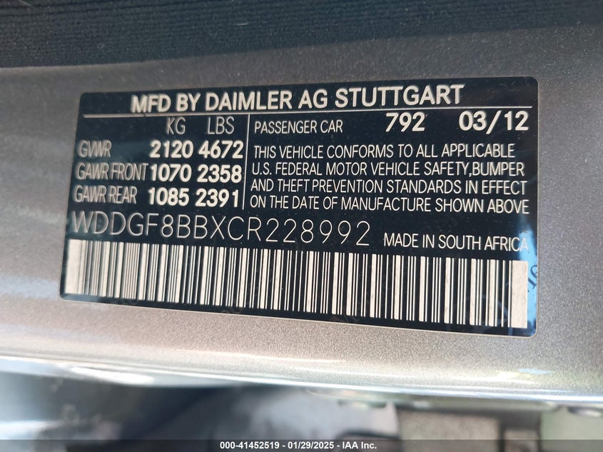 2012 MERCEDES-BENZ C 300 VIN: WDDGF8BBXCR228992