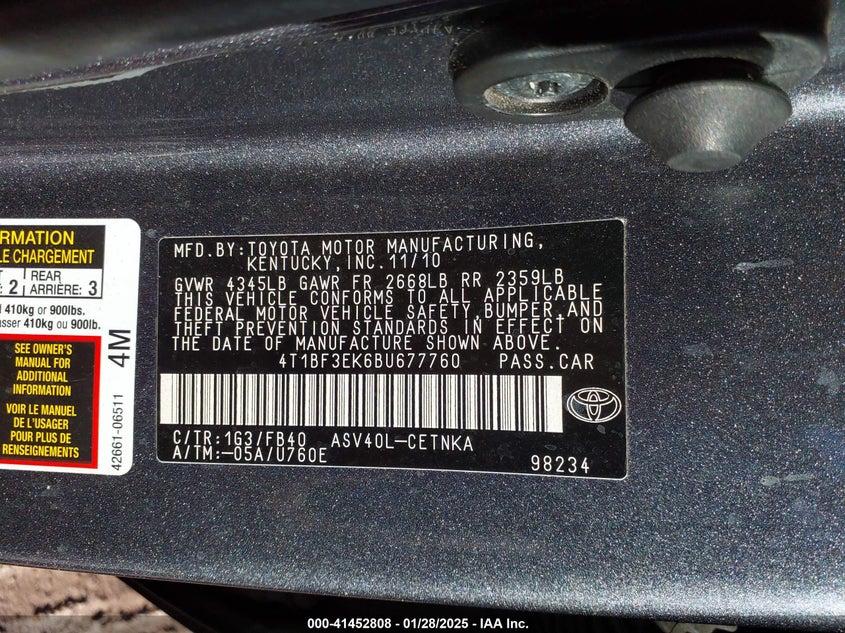 2011 TOYOTA CAMRY VIN: 4T1BF3EK6BU677760