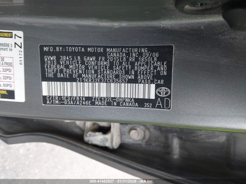 2007 Toyota Matrix Xr VIN: 2T1KR32E37C635657 Lot: 41452927