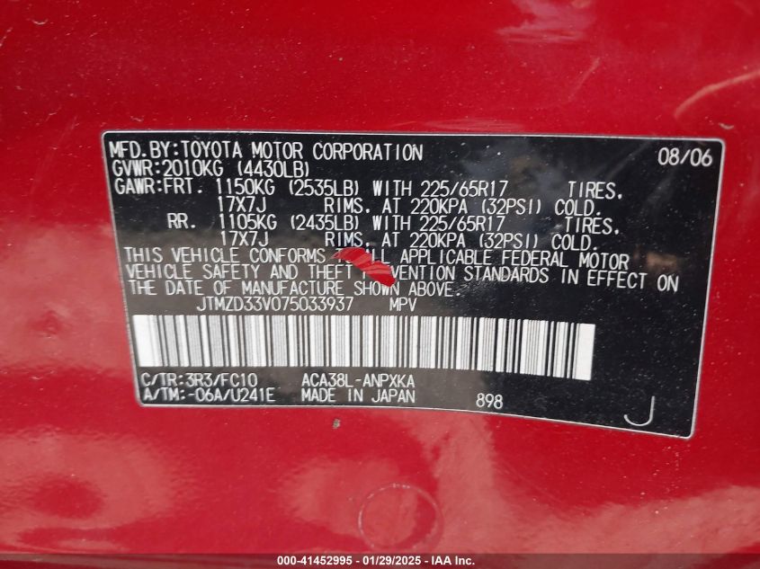 2007 Toyota Rav4 VIN: JTMBD33V078033937 Lot: 41452995