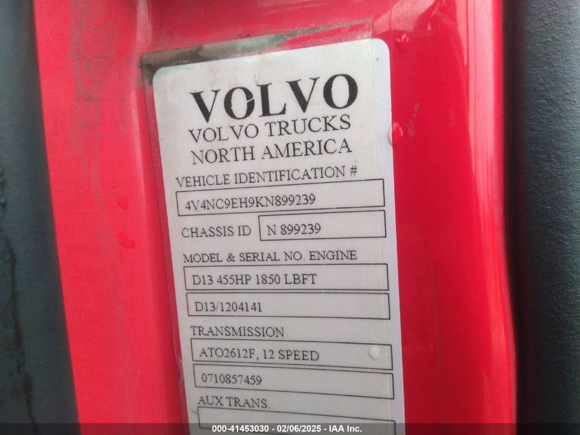 2019 Volvo Vnl VIN: 4V4NC9EH9KN899239 Lot: 41453030