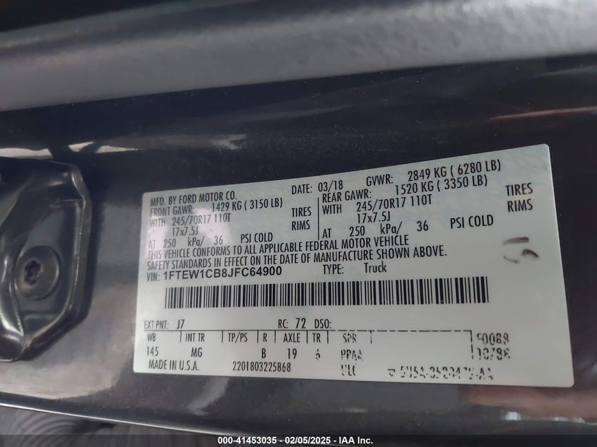 2018 FORD F-150 VIN: 1FTEW1CB8JFC64900