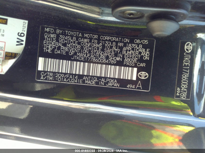 2006 SCION TC VIN: JTKDE177860084789