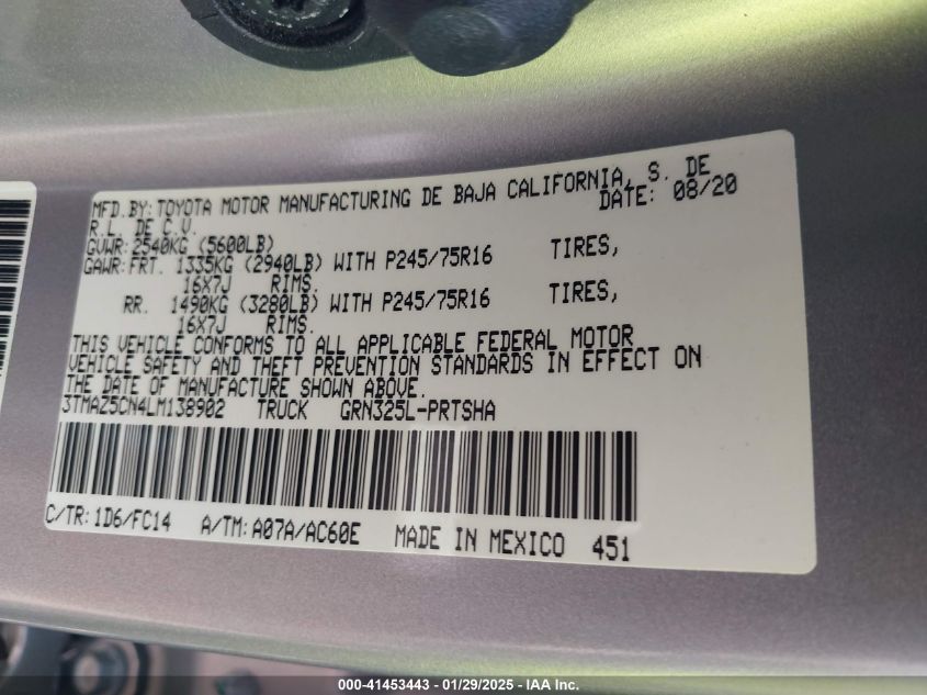 2020 Toyota Tacoma Double Cab/Sr5/Trd Sport/Trd Off Road VIN: 3TMAZ5CN4LM13890 Lot: 41453443
