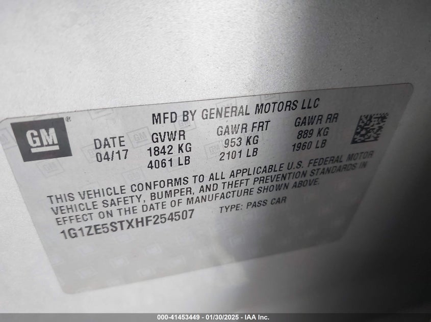 2017 CHEVROLET MALIBU VIN: 1G1ZE5STXHF254507