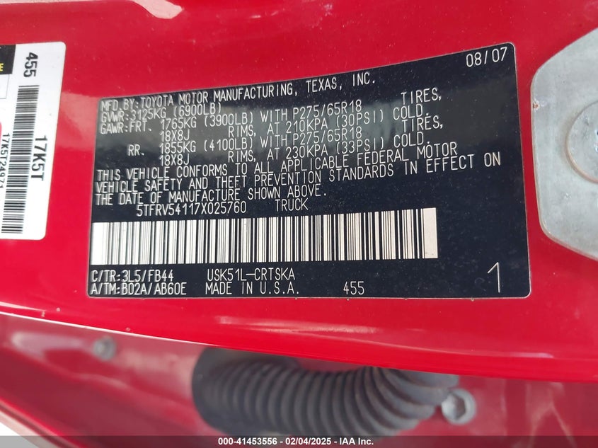 2007 TOYOTA TUNDRA VIN: 5TFRV54117X025760