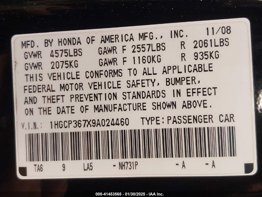 2009 Honda Accord 3.5 Ex VIN: 1HGCP367X9A024460 Lot: 41453565